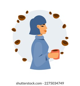 side view of short-haired girl holding a cup of coffee or tea for warmth in comfy sweater. simple circle with coffee beans background. vector illustration for website, poster, and banner
