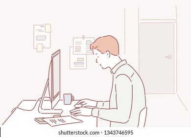 
Side view shot of pensive young man sitting at home and working on laptop.  Hand drawn style vector design illustrations.