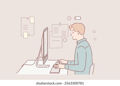 Side view shot of pensive young man sitting at home and working on laptop. Hand drawn style vector design illustrations.	