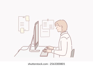 Side view shot of pensive young woman sitting at home and working on laptop. Hand drawn style vector design illustrations.	
