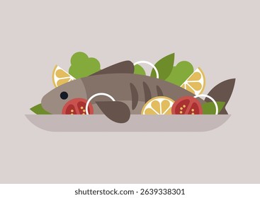 A side view showcases fish artistically arranged with slices of lemons, red tomatoes, onion rings, and leaves, all served on a plate