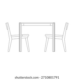 A vista lateral mostra a espessura do topo da mesa quadrada e a estrutura da perna da mesa. Uma cadeira é exibida de lado, mostrando a profundidade do assento e o encosto angular ou reto