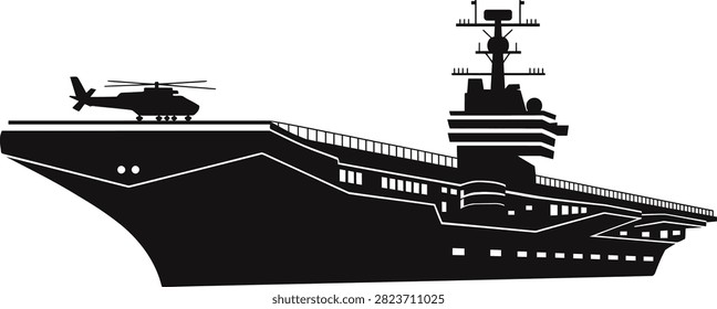 Side view silhouette of aircraft carrier with helicopter on flight deck. naval vessel, military ship, warship, navy, warfare.