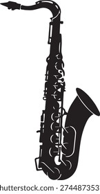 Side view silhouette of an alto saxophone showing the elegant s curve and flared bell with simplified key clusters. High contrast black on white with clear contour and minimalist design.