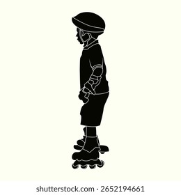 Side view silhouette of a child wearing full safety gear while roller skating. Great for educational content, posters, or sport-themed designs.
