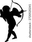 Side view silhouette of cupid shooting arrow, isolated on transparent background. Classic symbol of love and romance for Valentine’s Day and wedding designs.