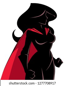 Ilustración de silueta de visión lateral de una superheroína potente y determinada con capa roja mirando hacia adelante lista para la acción sobre fondo blanco para el espacio de copia.