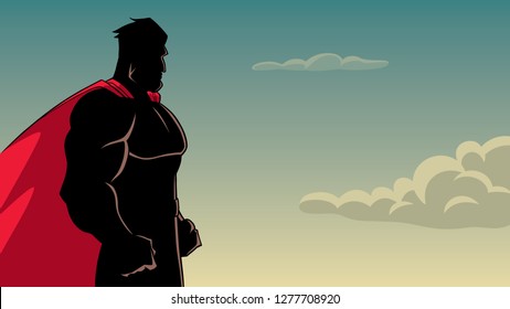 Side view silhouette illustration of a powerful and determined superhero with red cape looking forward ready for action on sky background for copy space.