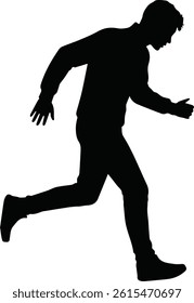 Side view silhouette of a man running energetically, isolated black figure in motion