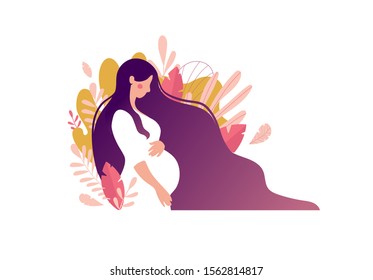 Side view silhouette of a pregnant woman with a belly. Pregnancy flat character with long hair on a background of leaves. Flat stock vector illustration isolated on white background.