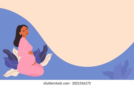 Side view silhouette of a pregnant woman with a belly. Pregnancy flat character with long hair on a background of leaves. Flat stock vector illustration isolated on white background.