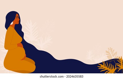 Side view silhouette of a pregnant woman with a belly. Pregnancy flat character with long hair on a background of leaves. Flat stock vector illustration isolated on white background.