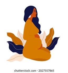 Side view silhouette of a pregnant woman with a belly. Pregnancy flat characte. Flat stock vector illustration isolated on white background. Happy pregnant woman sitting
