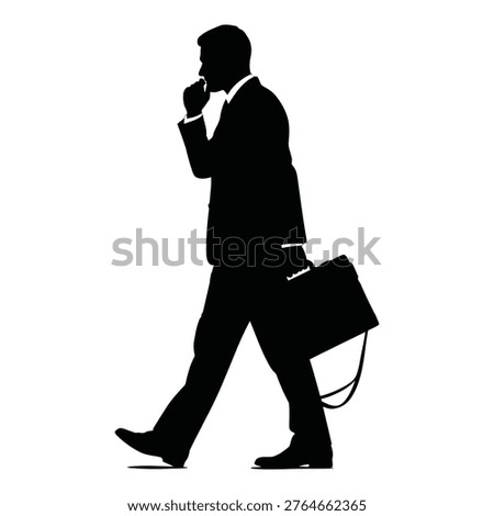 A side view silhouette of a professional businessman in a suit walking forward while holding a briefcase and touching his chin in a thoughtful gesture.