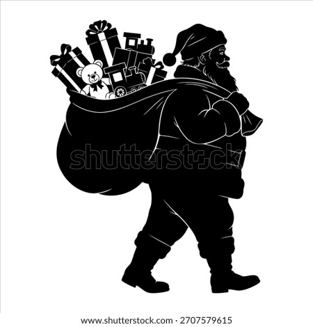 Side view silhouette of Santa Claus walking with a large bag of presents. Christmas holiday vector design element.