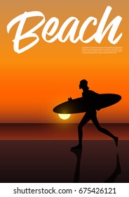 Side view silhouette of surfer man holding his surfboard on the beach at sunset. Sunset beach landscape. Beach holiday poster. Vector Illustration.