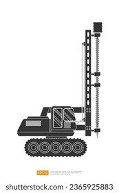 side view Silhouette Track Drilling Machine vector illustration on white background. Isolated big heavy machinery equipment vehicle. Drilling Tractor cartoon construction and mining Industry car icon