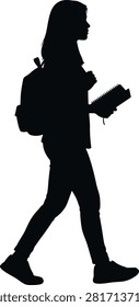 A side view silhouette of a young female student walking, carrying a backpack and holding a spiral notebook, isolated on white background.