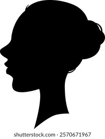 Side view silhouette of a young woman with tied hair, gazing to the left. The black shape contrasts against a white background, creating a simple yet elegant portrait