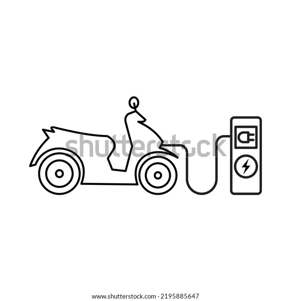 Side view of simple line art of electric\
motorcycle in the charging\
station.