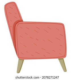 Side view of simple vintage cartoon red armchair in classic minimalistic scandinavian design