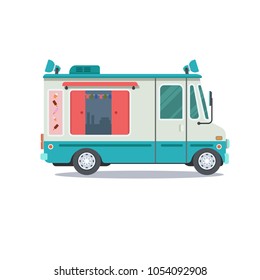 Side View Simplified Icecream Truck. Retro Ice Cream Van. Vector Flat Isolated On White. 