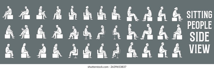 Side View Sitting People Vector Illustration – Hand-Drawn Men and Women Seated in Various Poses and Outfits for Architectural Drawings, Planning, and Design Presentations

