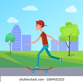 Side view skateboarder riding in city park on skateboard, go skateboarding day vector illustration male teenager on background of skyscrapers, urban city