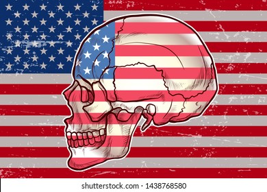 Side view Skull with grunge America Flag background