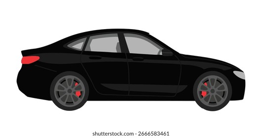 Side view of a sleek, black sedan with red brake calipers, isolated on white background.
