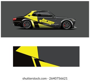 Side view of a sleek, black and yellow custom race car with aggressive body kit and unique livery design.