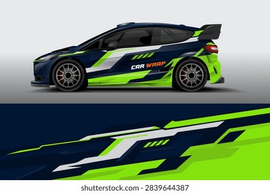 Side view of a sleek rally car with vibrant green, blue, and white racing wrap design on asphalt road with dynamic speed lines.