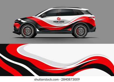 Side view of a sleek red and white SUV with custom logo branding on the side for promotional or advertising use.