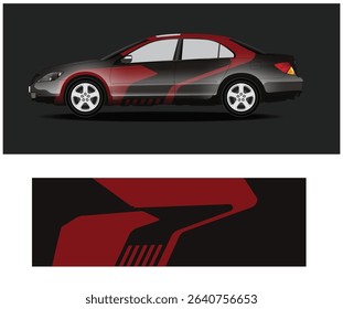 Side view of a sleek sedan with a custom red and black vinyl wrap design, showcasing a sporty and modern aesthetic.