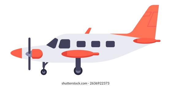 Side view of a small passenger turboprop airplane with red and white livery is taxiing on the ground preparing for takeoff, isolated vector illustration on white background