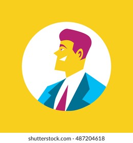 Side view of smiling businessman character in business suit and tie. Round avatar icon in flat design on yellow background, vector illustration.