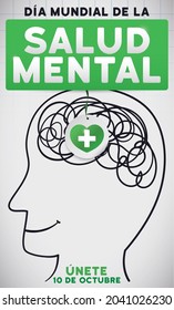 Side view of smiling face with brain like a mess, with tiny button and heart hanging of green sign, promoting World Mental Health Day (written in Spanish).