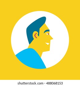 Side view of smiling man character in blue sweater. Round avatar icon in flat design on yellow background, vector illustration.