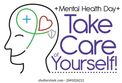 Side view of smiling man face with ribbon, shield, cross and heart inside his head in outlines style, promoting Mental Health Day and self-care.
