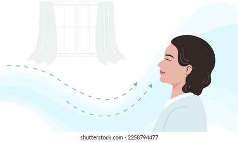 Side view of a smiling woman breathing fresh air at home. Flat vector illustration.