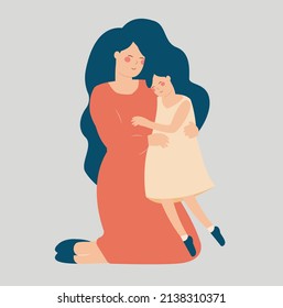 Side view of smiling young mother sits on the floor and hugs her daughter with love and care. Happy little girl embracing her mom. Mother's day, Motherhood and family concept. Vector illustration.
