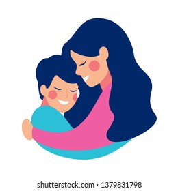 Seitenansicht der faulenden jungen Mutter, die ihren Sohn mit Liebe umarmt. Vektorgrafik einzeln auf Weiß
