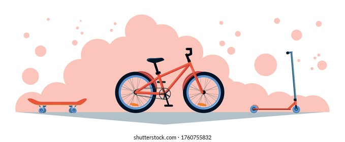Side view of sporting goods: road racing bicycle, skateboard and kick stunt scooter. Flat design banner, vector illustration in pink and red colors. Active summer sport goods.