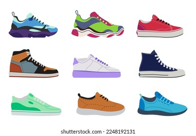 Side view of sports shoes vector illustrations set. Collection of cartoon drawings of male and female sneakers or running shoes isolated on white background. Fashion, footwear, sports concept