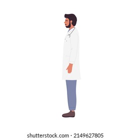 Side View Of Standing Doctor. Hospital Worker In Uniform, Clinical Care Vector Illustration