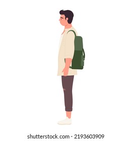 Side view of standing male student. Teenager boy with school backpack vector illustration