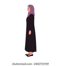 Side view of standing muslim businesswoman. Standing pose of arabic female manager in black robe cartoon vector illustration