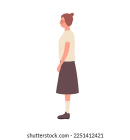 Side view of standing nerd girl. Female geek in school uniform vector illustration