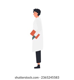 Side view of standing scientist. Laboratory research specialist in uniform vector illustration