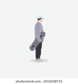 Vista lateral de una ilustración vectorial del patinador permanente. Persona activa disfrutando en una patineta.